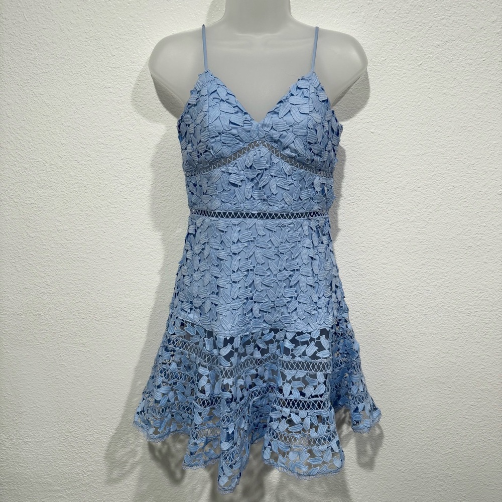 bardot agnes guipure lace overlay dusty blue tiered floral crochet mini dress - Picture 2 of 10